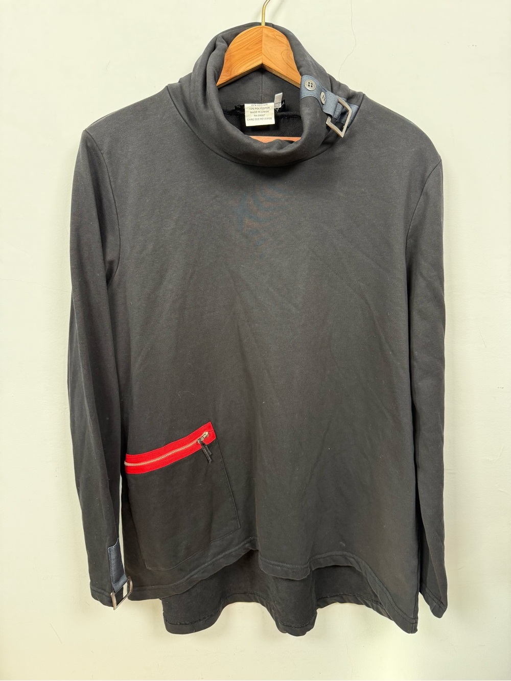 Bala Bala Cowl Neck Asymmetric Pullover Top Dark Navy Blue Pocket M